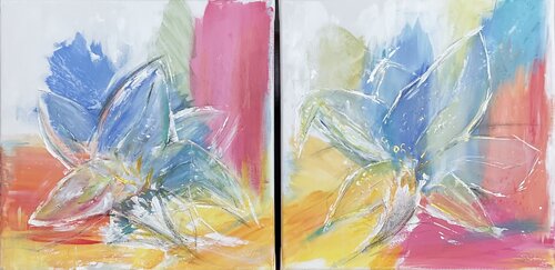 „Resonanz der Dualität“ - Chromatisches Diptychon - in zarten Pastellfarben van Susanna Schorr, Schilderij te koop op Singulart