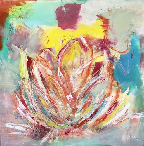 Lotusblume des Glücks - voller Strahlkraft und Lebendigkeit van Susanna Schorr, Schilderij te koop op Singulart