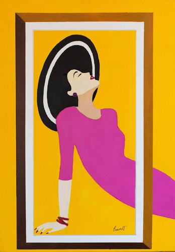 mujer vestido fucsia dentro de un cuadro par Ernest Carneado Ferreri, Peinture en vente sur Singulart