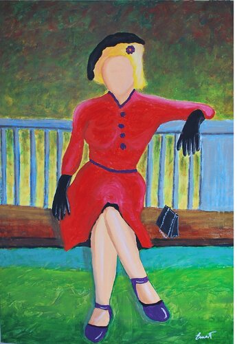 Mujer de rojo en banco von Ernest Carneado Ferreri, Malerei kaufen auf Singulart