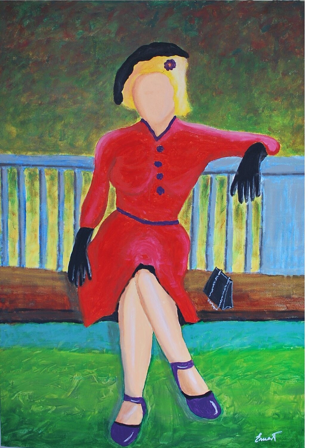 Mujer de rojo en banco Ernest Carneado Ferreri Originalgemälde zu verkaufen