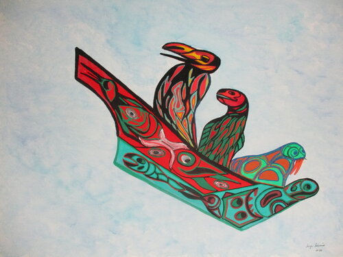 Northern Trio Riding the Sky de Serge Lecomte, Pintura a la venta en Singulart