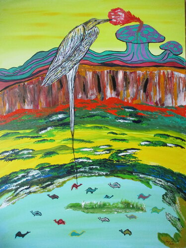 Lake of Peaceful Camels van Serge Lecomte, Schilderij te koop op Singulart