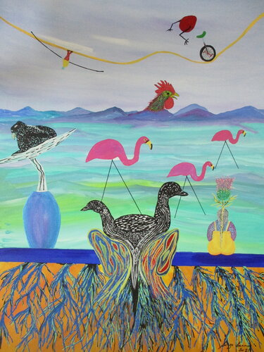 Sunrise over the Bay of Fake Flamingos by Serge Lecomte, Painting for Sale on Singulart