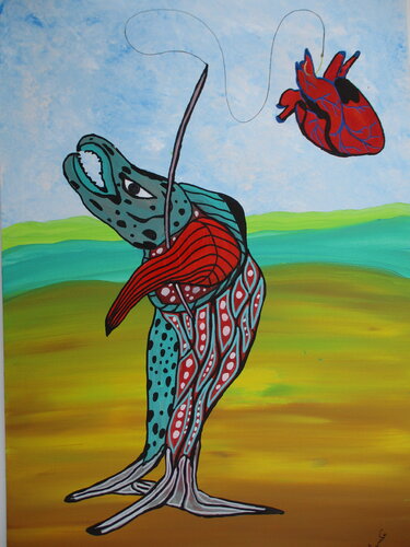 Fish-man flyfishing with his wife's heart de Serge Lecomte, Pintura a la venta en Singulart