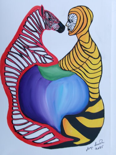 Zebra and wasp sharing fruit von Serge Lecomte, Malerei kaufen auf Singulart