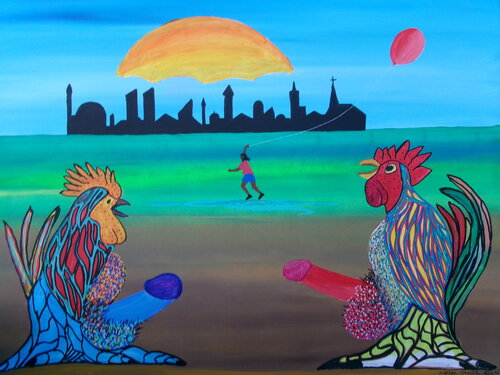 Emperor-cocks par Serge Lecomte, Peinture en vente sur Singulart