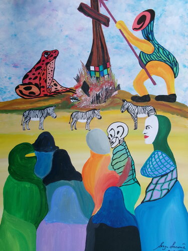 "Here I am," said the frog di Serge Lecomte, Pittura in vendita su Singulart