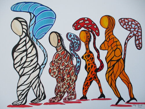Anonymous biped family for a walk by Serge Lecomte, 油畫 for Sale on Singulart