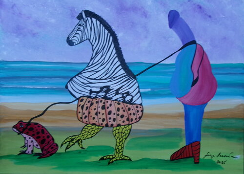 Wife walking her husband and frog by Serge Lecomte, Painting for Sale on Singulart