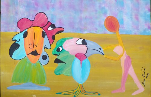Feeding birdbrain by Serge Lecomte, Painting for Sale on Singulart
