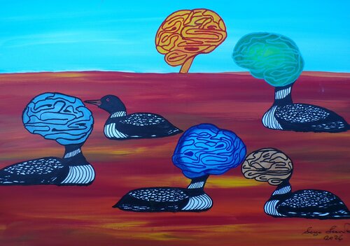 Birdbrains swimming in lava by Serge Lecomte, Painting for Sale on Singulart