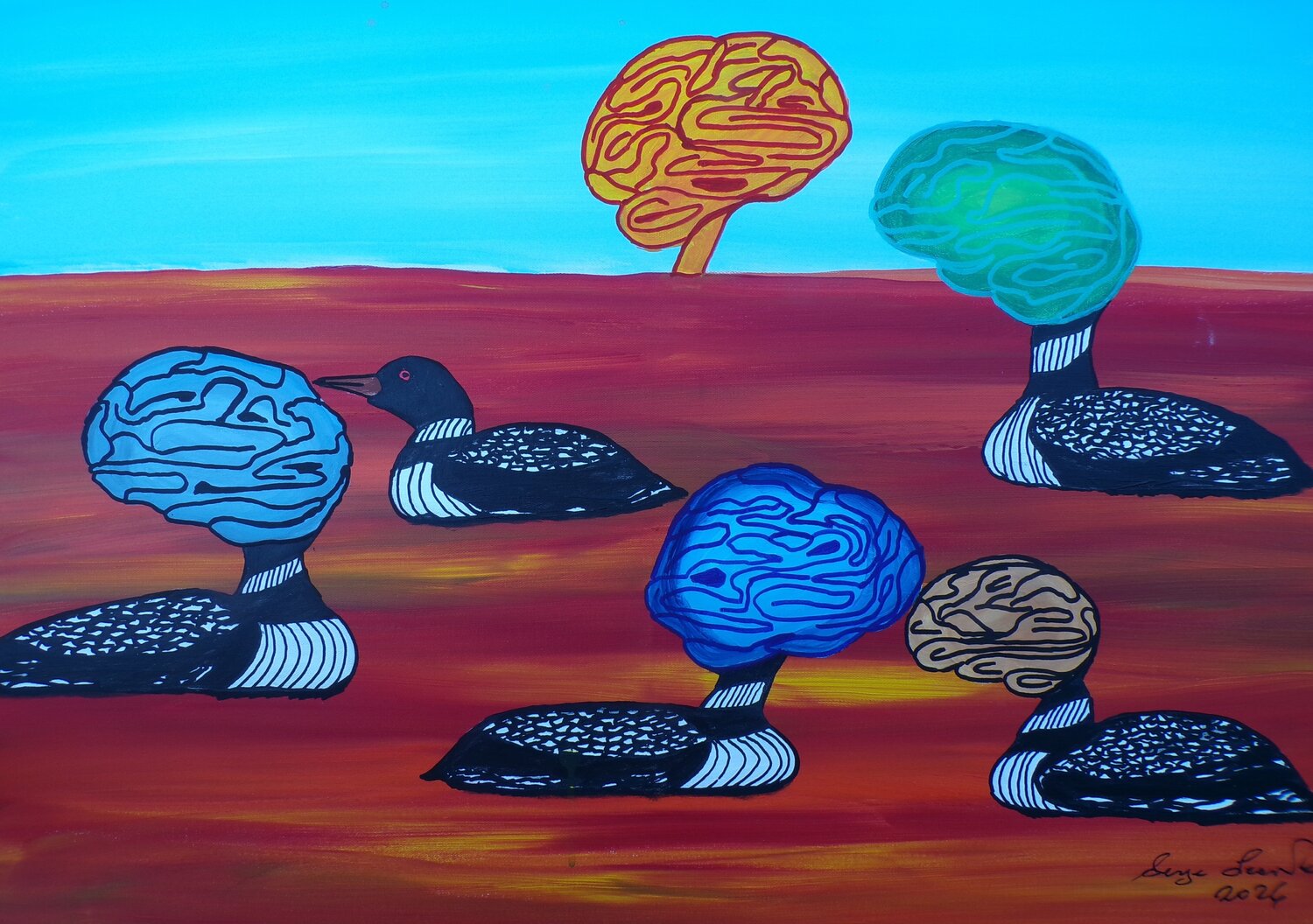 Birdbrains swimming in lava Serge Lecomte Original painting for sale