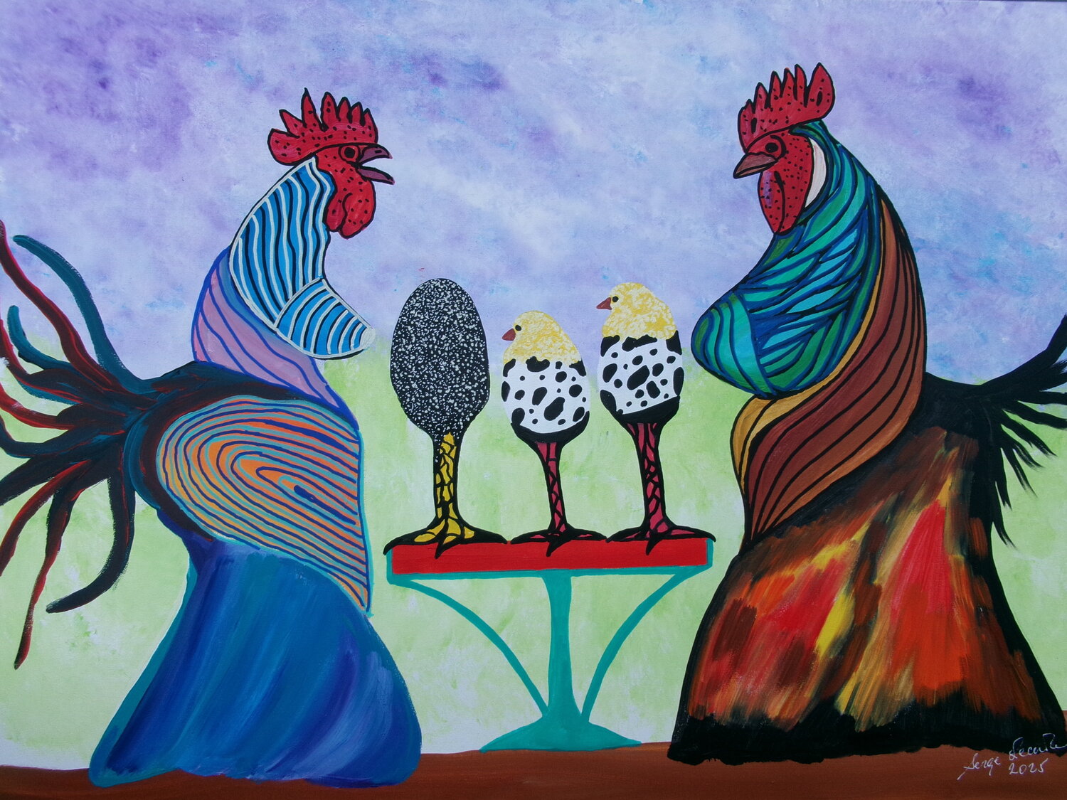 Cock-hens and chicks Serge Lecomte Pintura original en venta