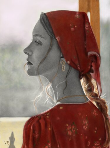 Donna con fazzoletto rosso di Vittorialessia Brunetti, Digitale in vendita su Singulart