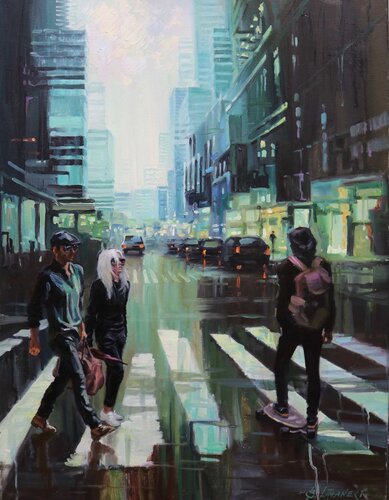 Rainy morning in the city van Baiba Limane, Schilderij te koop op Singulart