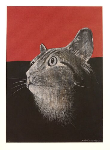 Katze vor schwarz/rotem Hindergrund van Amédé Flum, Schilderij te koop op Singulart