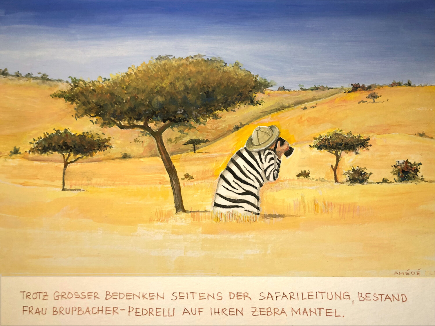 Frau auf Safari Amédé Flum Originalgemälde zu verkaufen