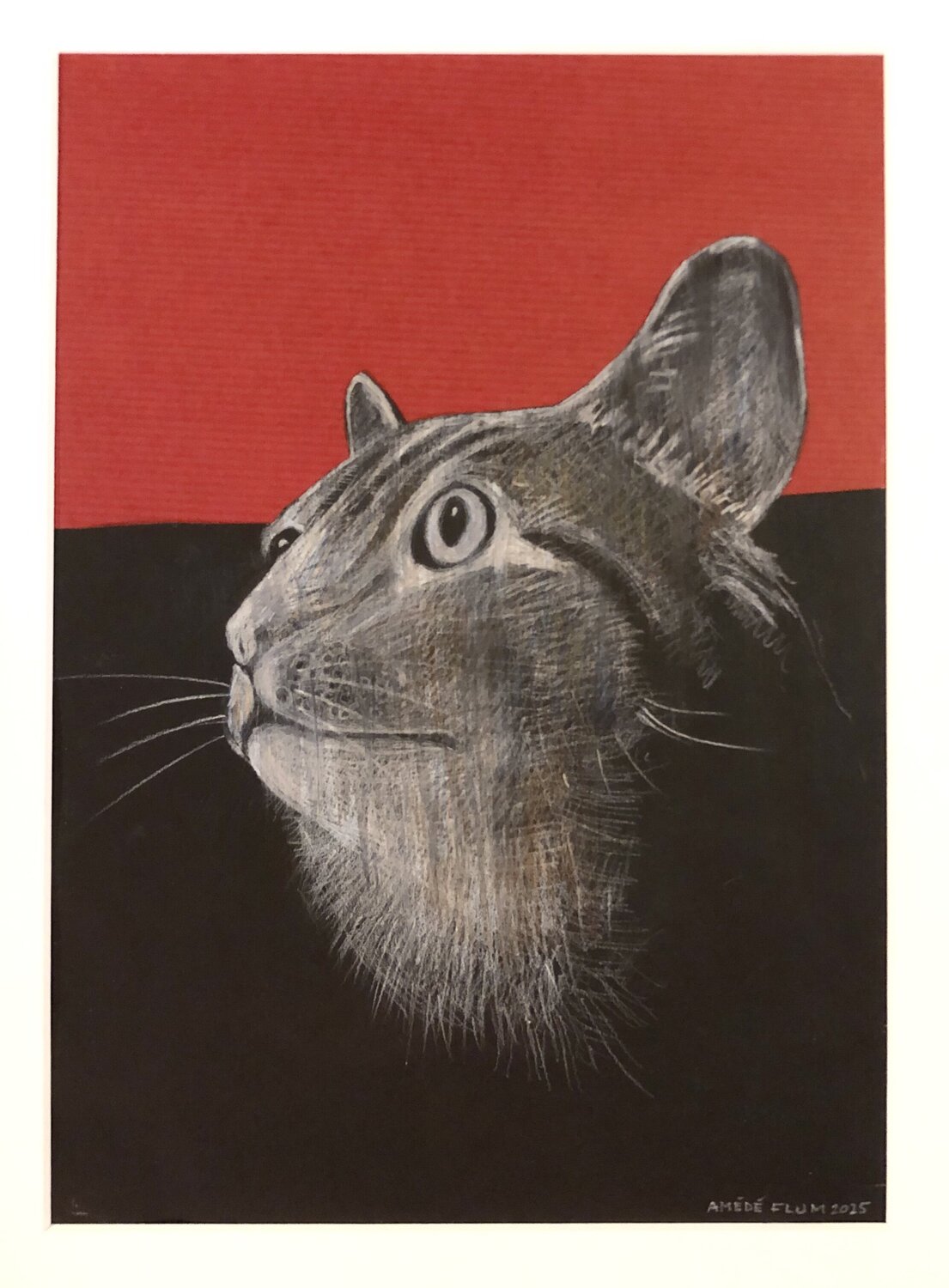 Katze vor schwarz/rotem Hindergrund Amédé Flum Originalgemälde zu verkaufen