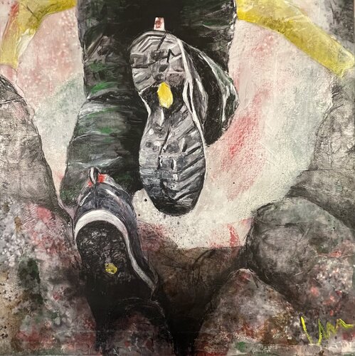 way up - Wanderer in den Bergen di Silvia Lehmann, Pittura in vendita su Singulart