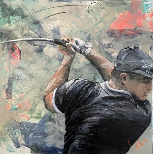 hole in one - Golfspieler beim Abschlag di Silvia Lehmann, Pittura in vendita su Singulart