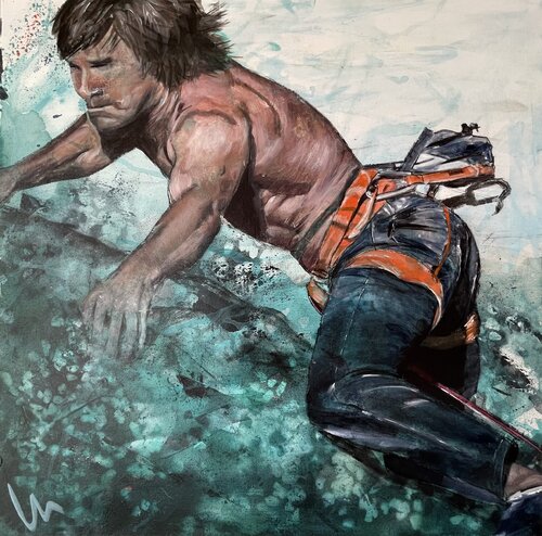 freeBoulderThree - Kletterer in der Wand de Silvia Lehmann, Pintura a la venta en Singulart