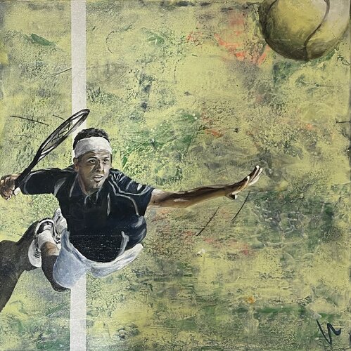 freeServe - Tennisspieler beim Aufschlag de Silvia Lehmann, Pintura a la venta en Singulart