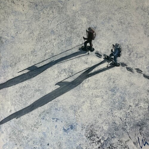 SchattenWeiss - Schneeschuhläufer in Acryl, in Winterandschaft, Berge und Schnee de Silvia Lehmann, Pintura a la venta en Singulart