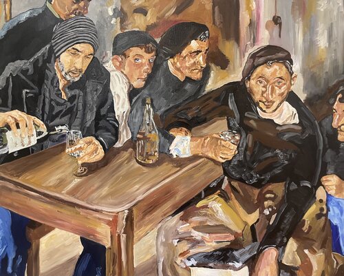 Homenaje a Joaquín Sorolla.  “Tomando una copa  con los borrachos de Zarauz”. Autorretrato. Óleo, 100x80. Adaptación libre del cuadro “El borracho, Zarauz” NG6683 Joaquín Sorolla, 1910.  “Tuve la oportunidad de ver la maravillosa obra del pintor español , Dámaso Arriero García