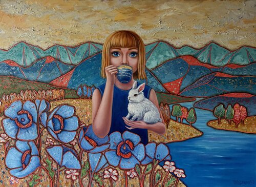 Girl with a Rabbit van Mary Voloshyna, Schilderij te koop op Singulart
