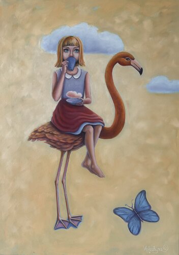 Girl, flamingo and butterfly van Mary Voloshyna, Schilderij te koop op Singulart