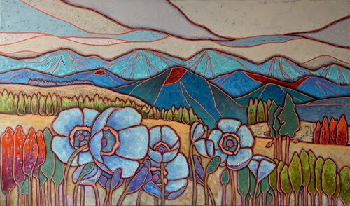 Blue poppies in the mountains di Mary Voloshyna, Pittura in vendita su Singulart