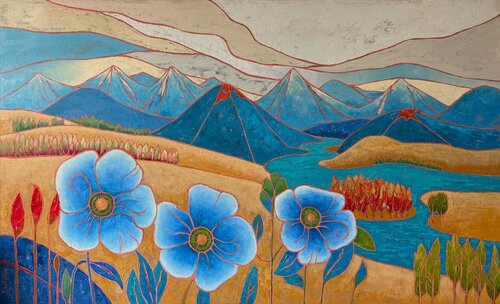 Blue poppies and mountain van Mary Voloshyna, Schilderij te koop op Singulart