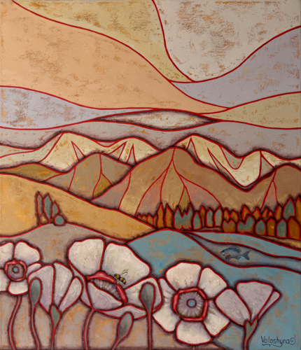 Poppies in the mountains di Mary Voloshyna, Pittura in vendita su Singulart