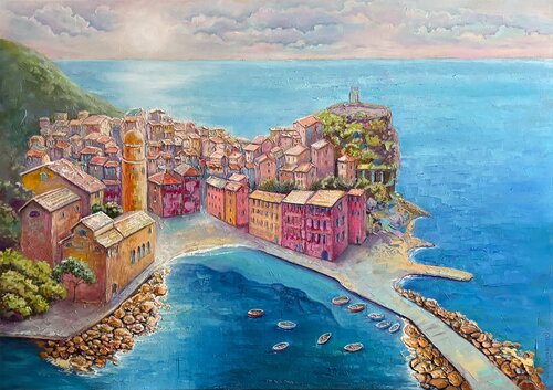 Blue sea near the city van Mary Voloshyna, Schilderij te koop op Singulart
