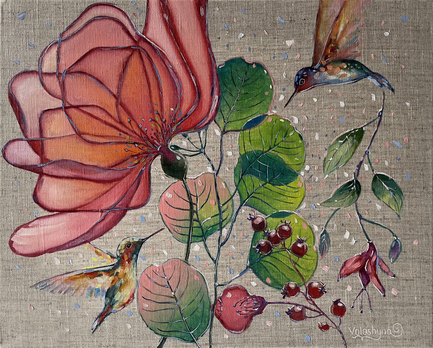 Flying hummingbirds and flowers Mary Voloshyna Originalgemälde zu verkaufen