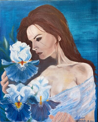 The Lady with Irises di Miglena Dyankova, Pittura in vendita su Singulart