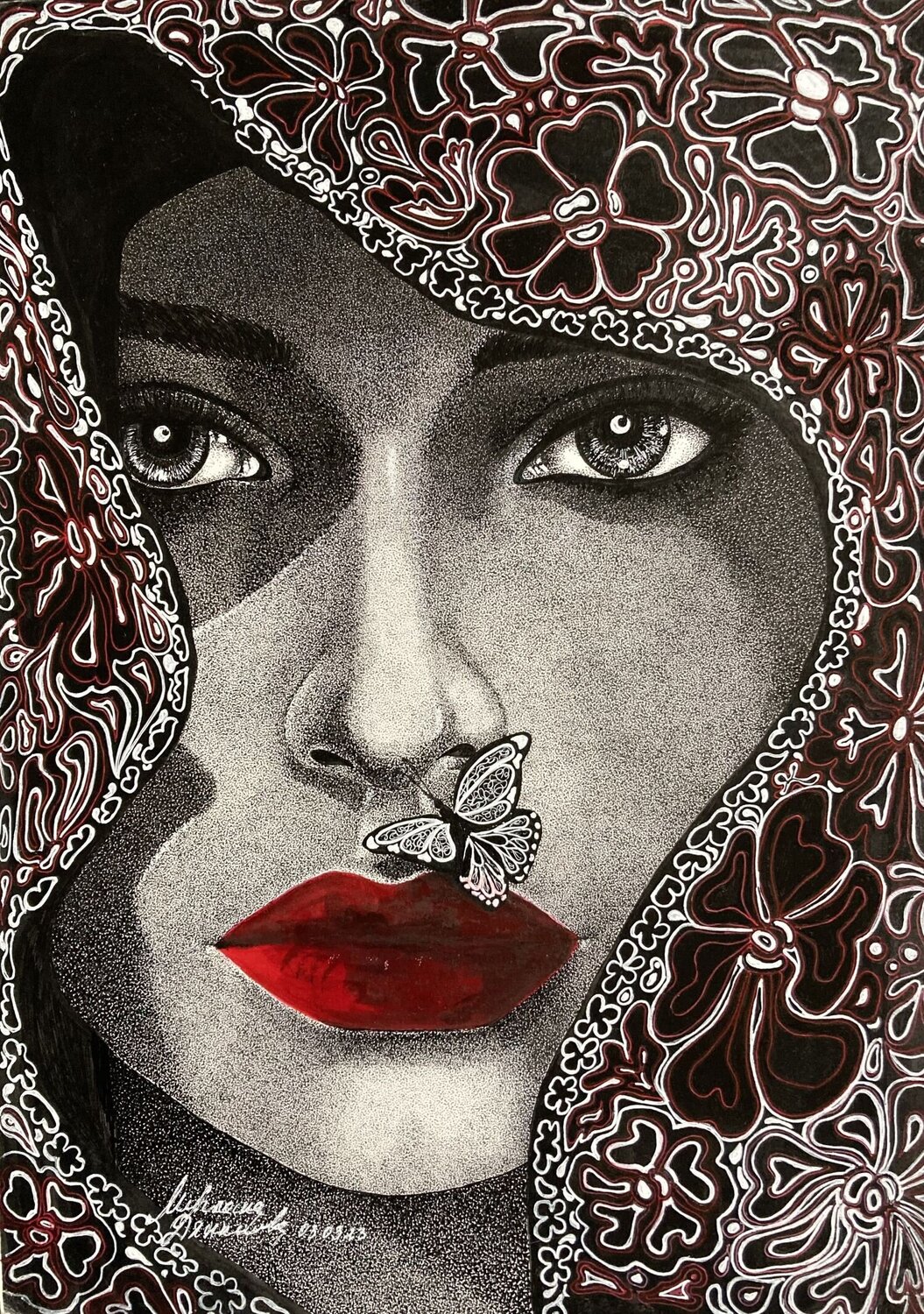 Butterfly Woman with Red Lips Miglena Dyankova Zeichnungen zu verkaufen