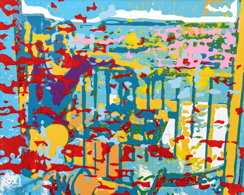 Frau auf Balkon, Komiža morgens van Markus Honerla, Schilderij te koop op Singulart