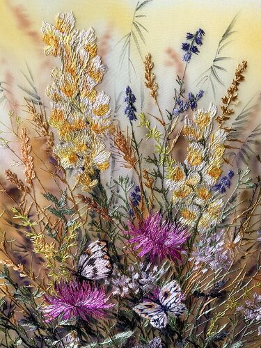 Meadow Flowers Two Butterflies by Olga Sokurenko, 織品 for Sale on Singulart