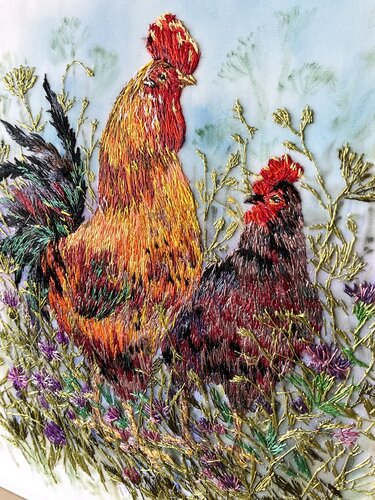 Chicken Couple van Olga Sokurenko, Textiel te koop op Singulart