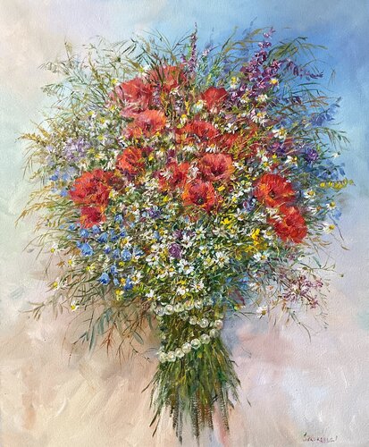 A wildflower bouquet with beads de Olga Sokurenko, Pintura a la venta en Singulart