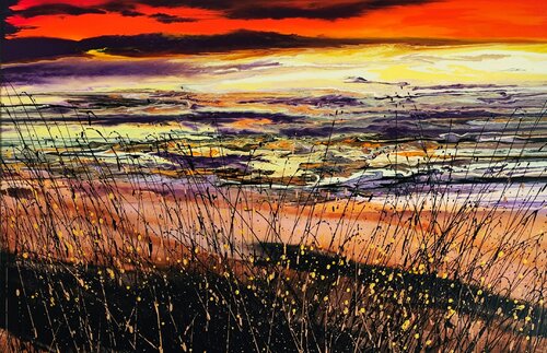 Flames in the sky over quiet fields di Felix Günther, Pittura in vendita su Singulart