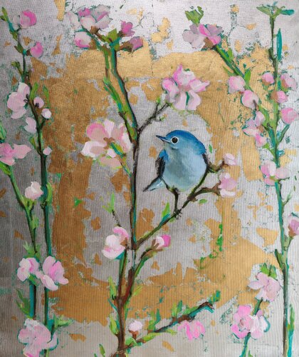 An Ordinary Day on a Peach Tree (floral composition in silver, gold and pink) van Andrea Bassi, Schilderij te koop op Singulart