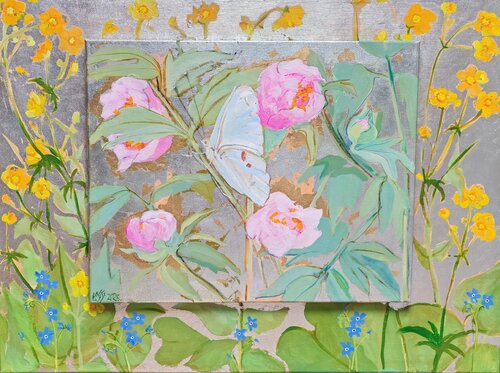 Spring Time Abundance (floral composition with butterfly) van Andrea Bassi, Schilderij te koop op Singulart