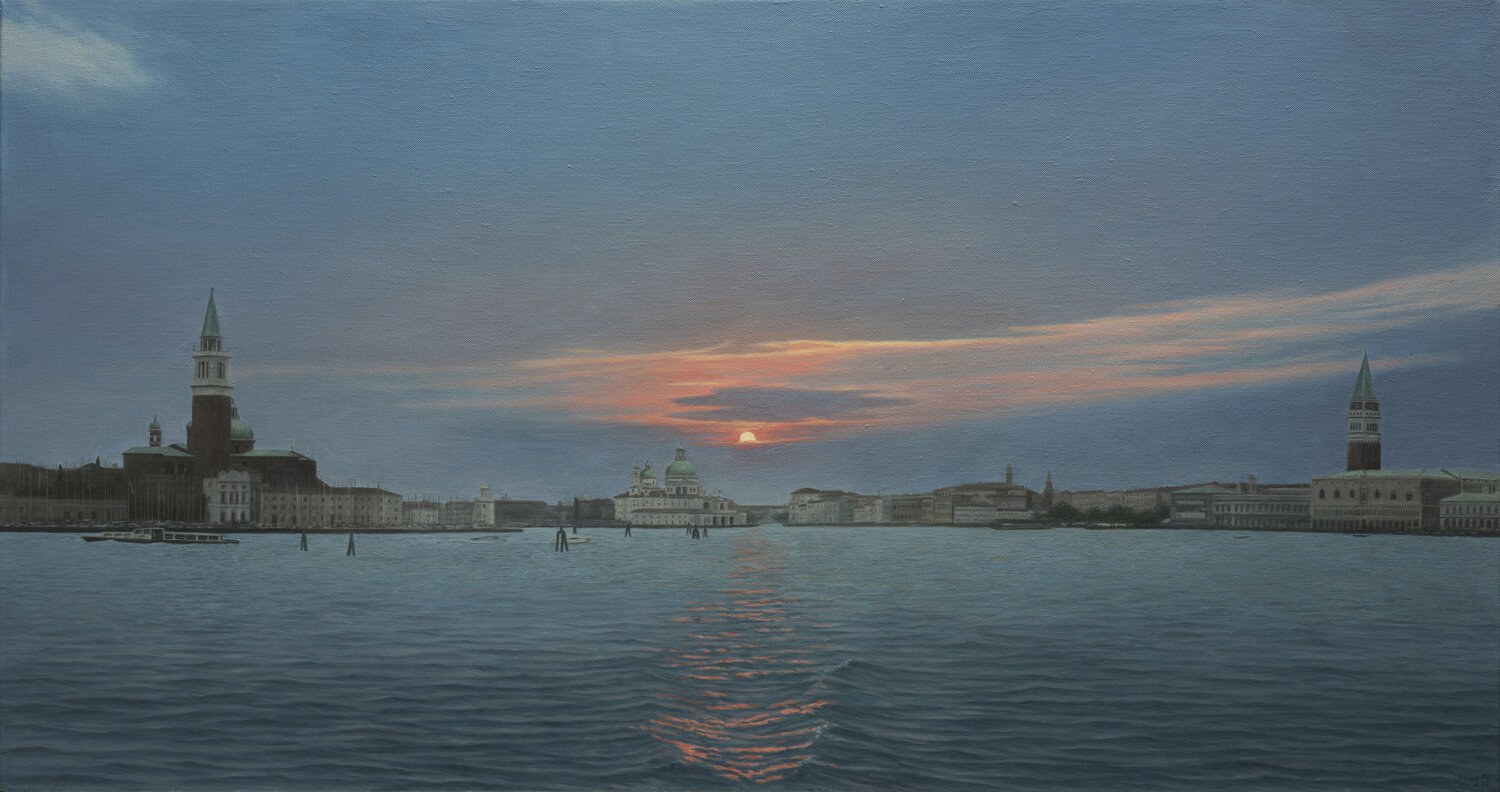 Venedig Abendstimmung mit Blick auf die Salute Kirche Manfred Hönig Originalgemälde zu verkaufen
