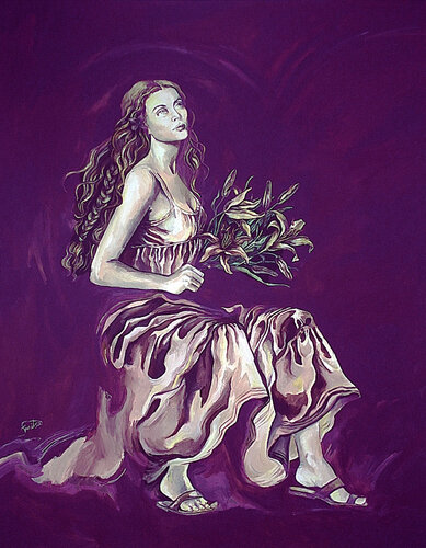 Woman Holding Flowers van Fanitsa Petrou, Schilderij te koop op Singulart