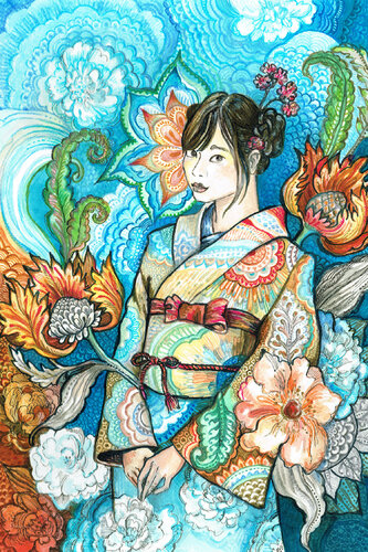 Japanese woman in a floral Kimono - I de Fanitsa Petrou, Pintura a la venta en Singulart