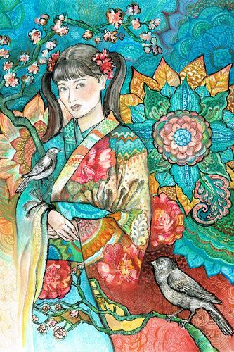 Japanese woman in a floral Kimono - II de Fanitsa Petrou, Pintura a la venta en Singulart