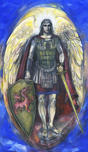 Archangel Michael with Dragon Shield and Sword van Fanitsa Petrou, Schilderij te koop op Singulart